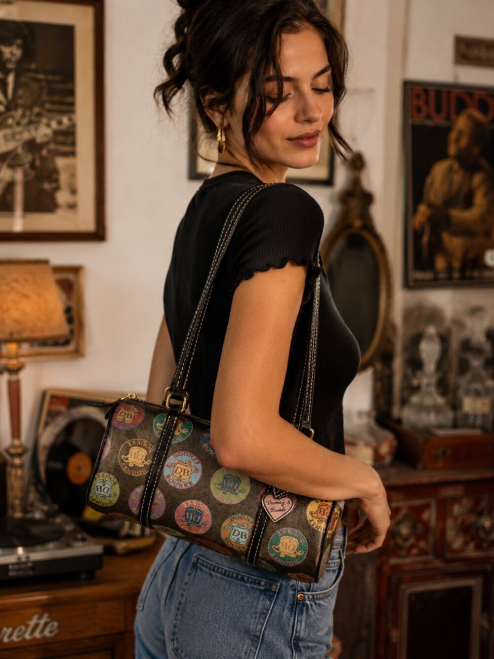 Dooney & Bourke Vintage Y2K Medallion Multi-Color Logo Mini Barrel Bag